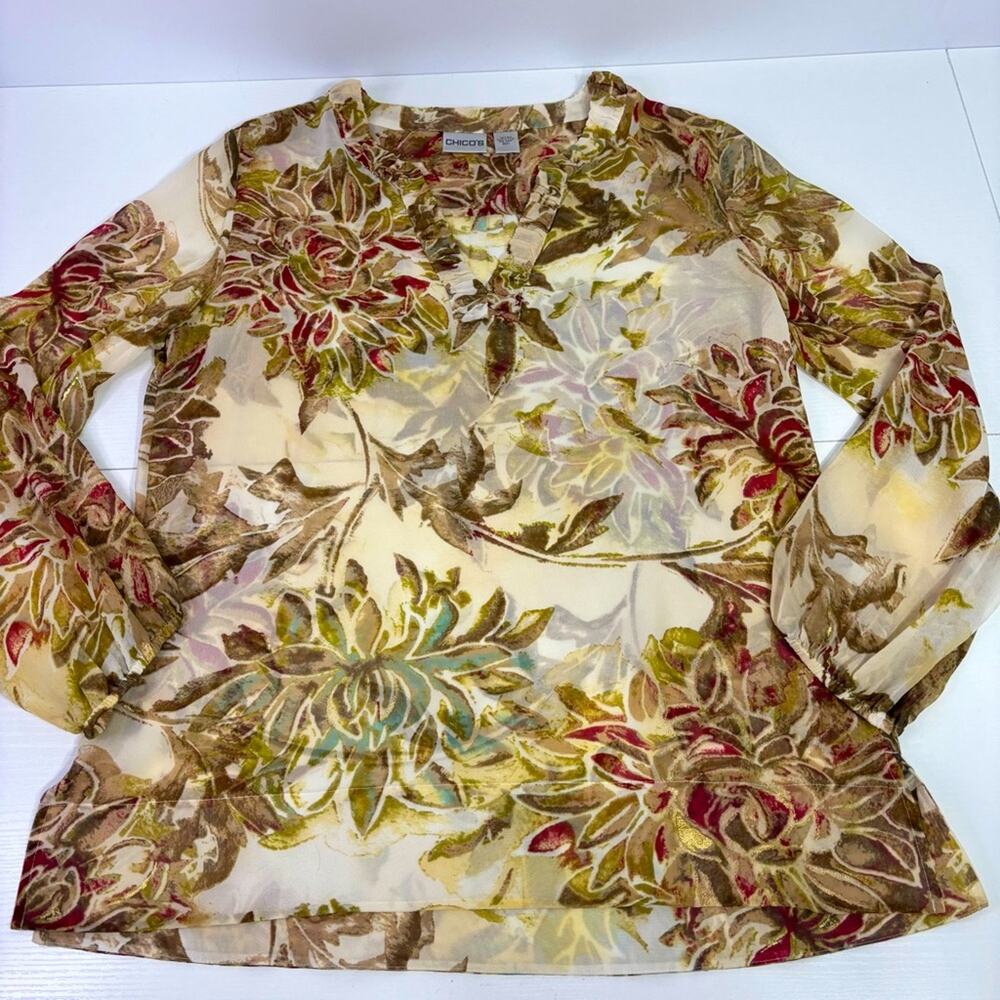 Chico's Cream, Gold & Brown 100% Silk Long Sleeve Shirt Size Medium JJ0685 - Picture 4 of 7